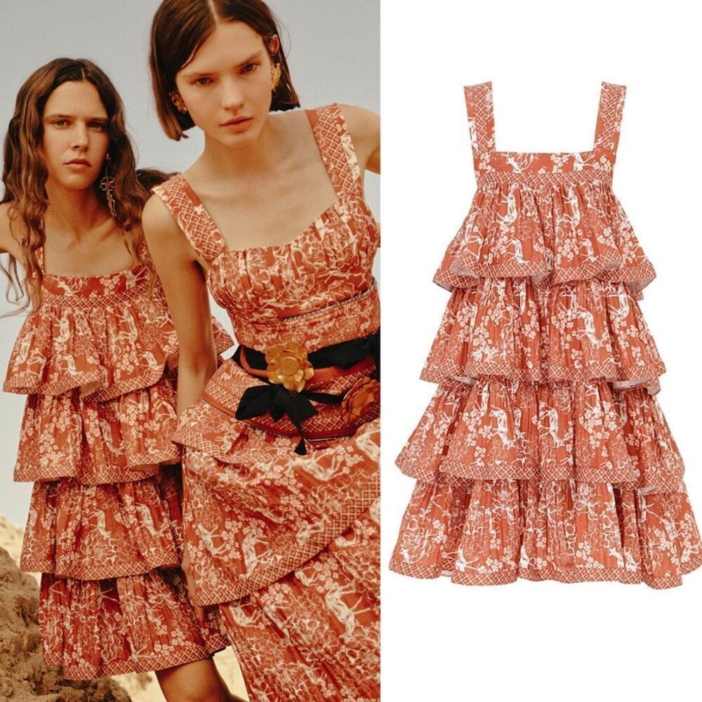 NEW Lug Von Siga Liza Burnt Orange Gazelle Print Square Neck Tiered Dress Size 2